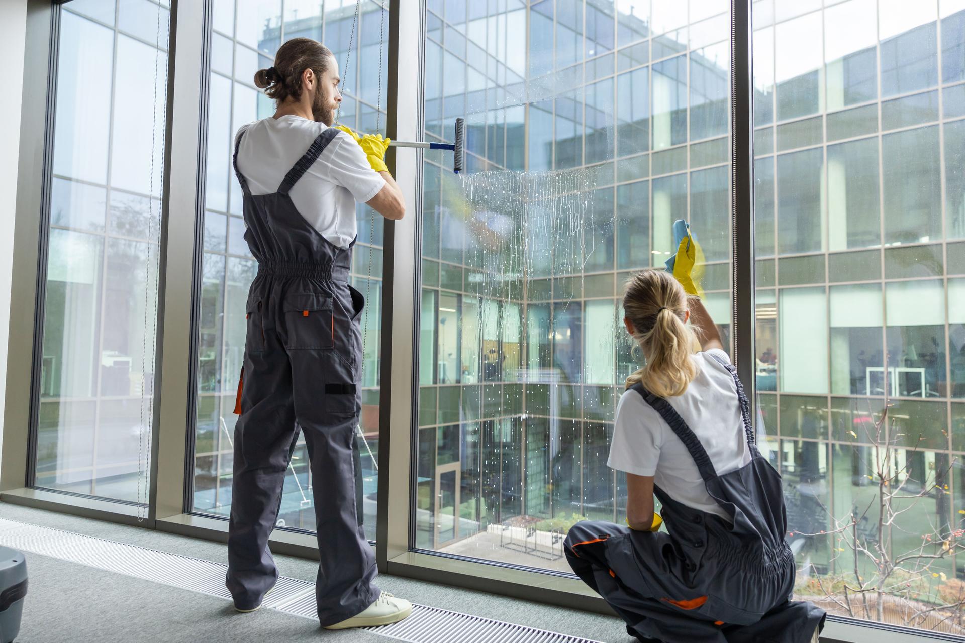 Young people working on office cleaning and looking contented
